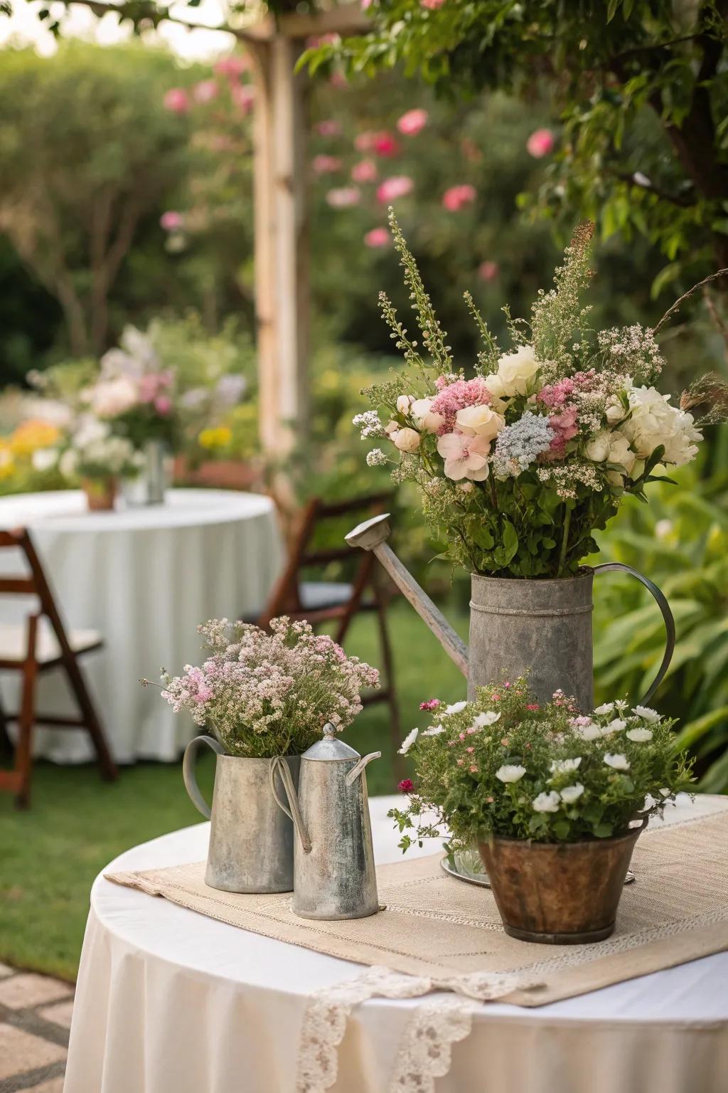 Infuse a dash of playfulness through floral centerpieces presented in classic containers.
