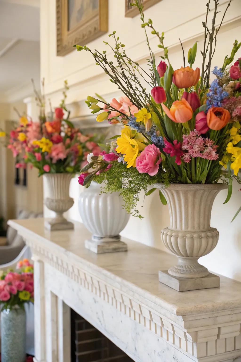 Vibrant floral displays breathe vitality and hues into your mantel arrangement.