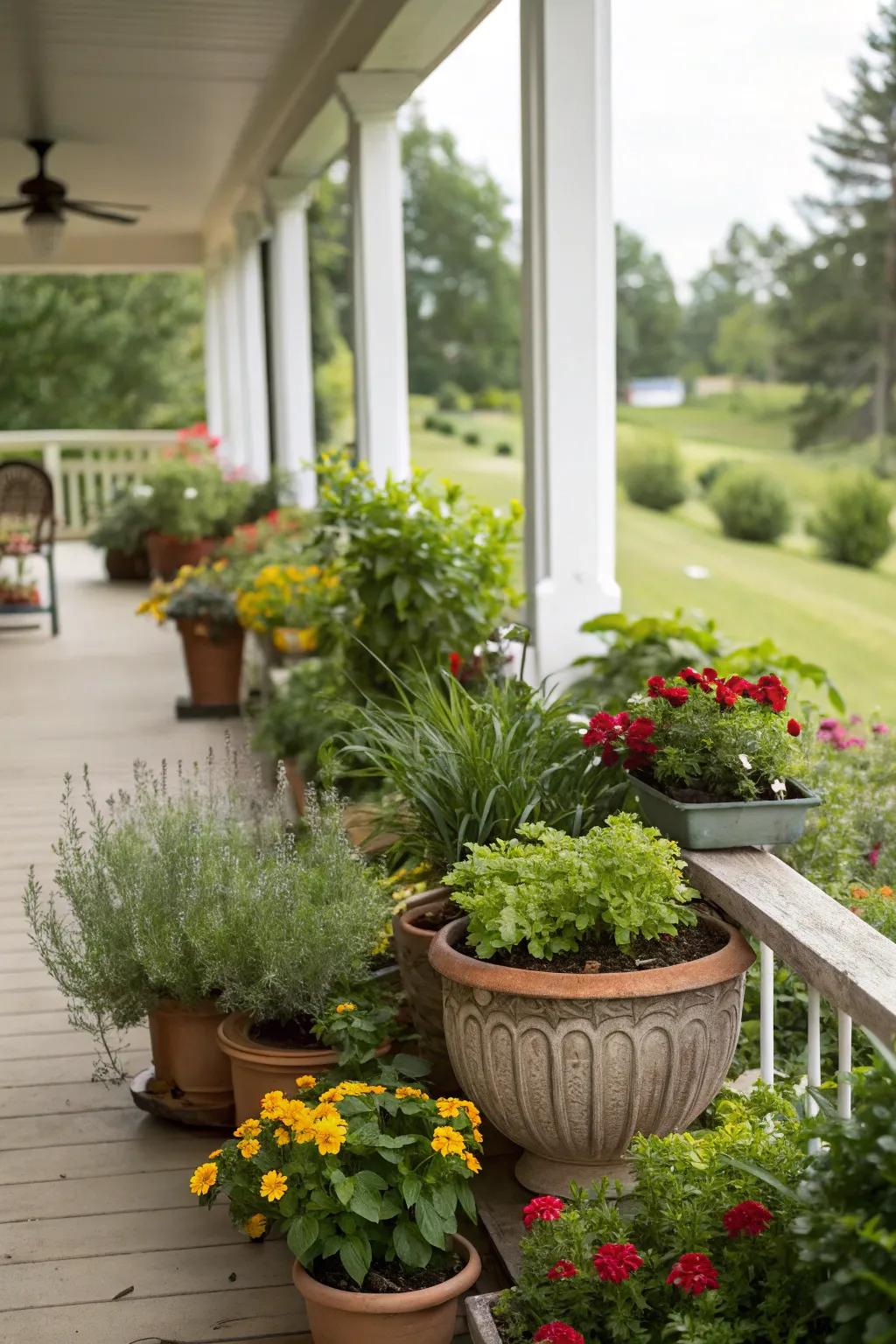An exquisite assortment of plants enriches any spring porch with vitality and hue.