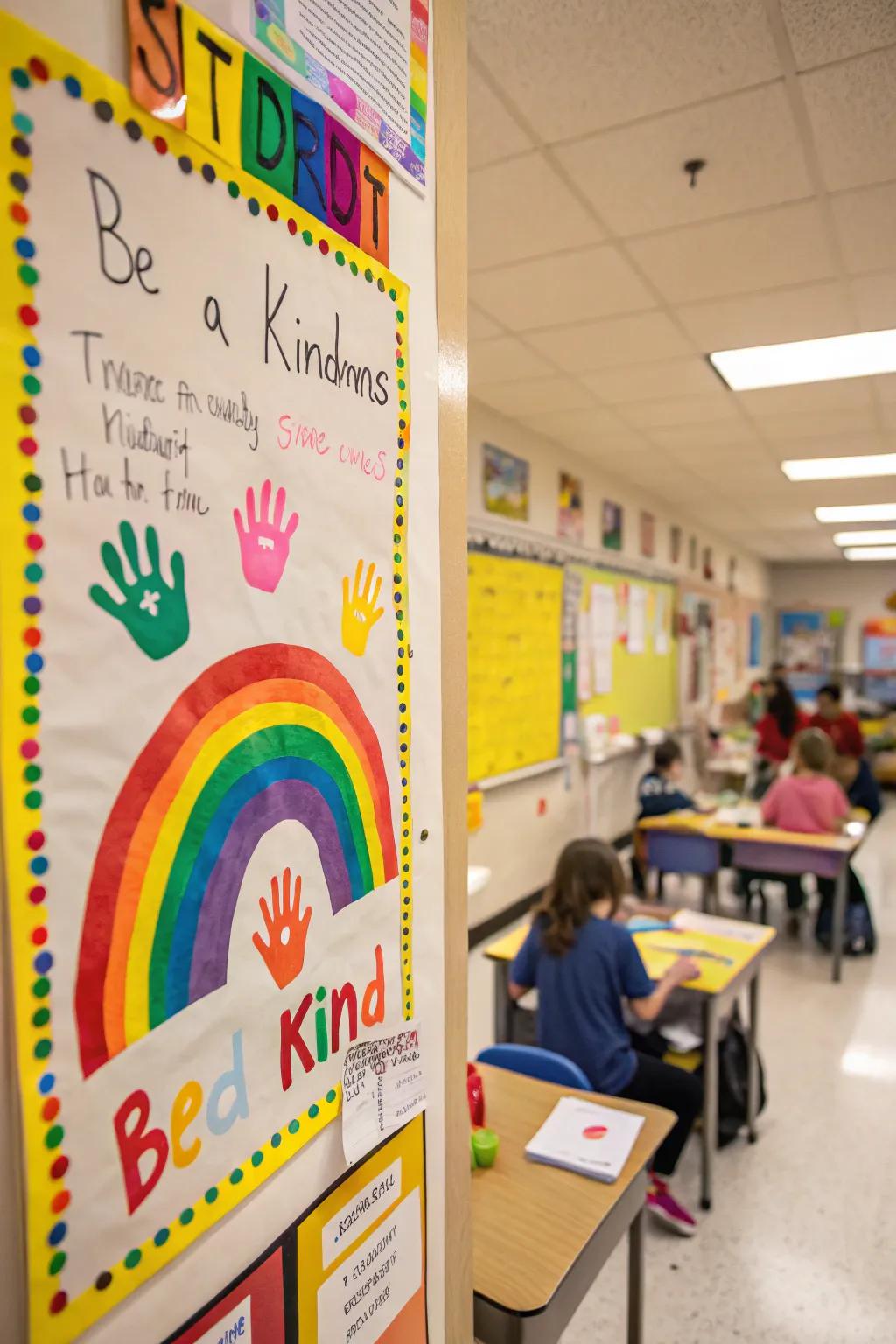 A spectrum of benevolence created from students' handprints.