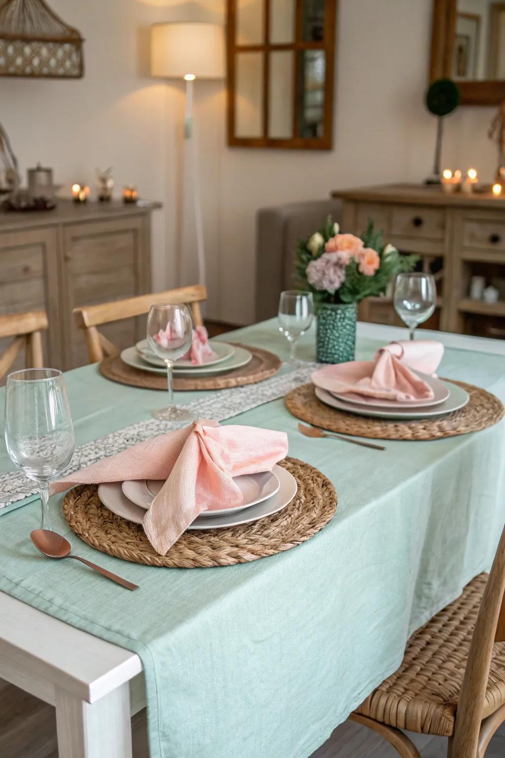 Pastel hues come together to fashion a peaceful springtime dining setting.
