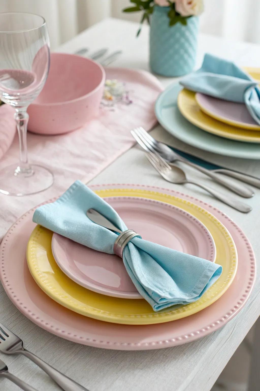 Pastel table settings fashion a tranquil and welcoming atmosphere.