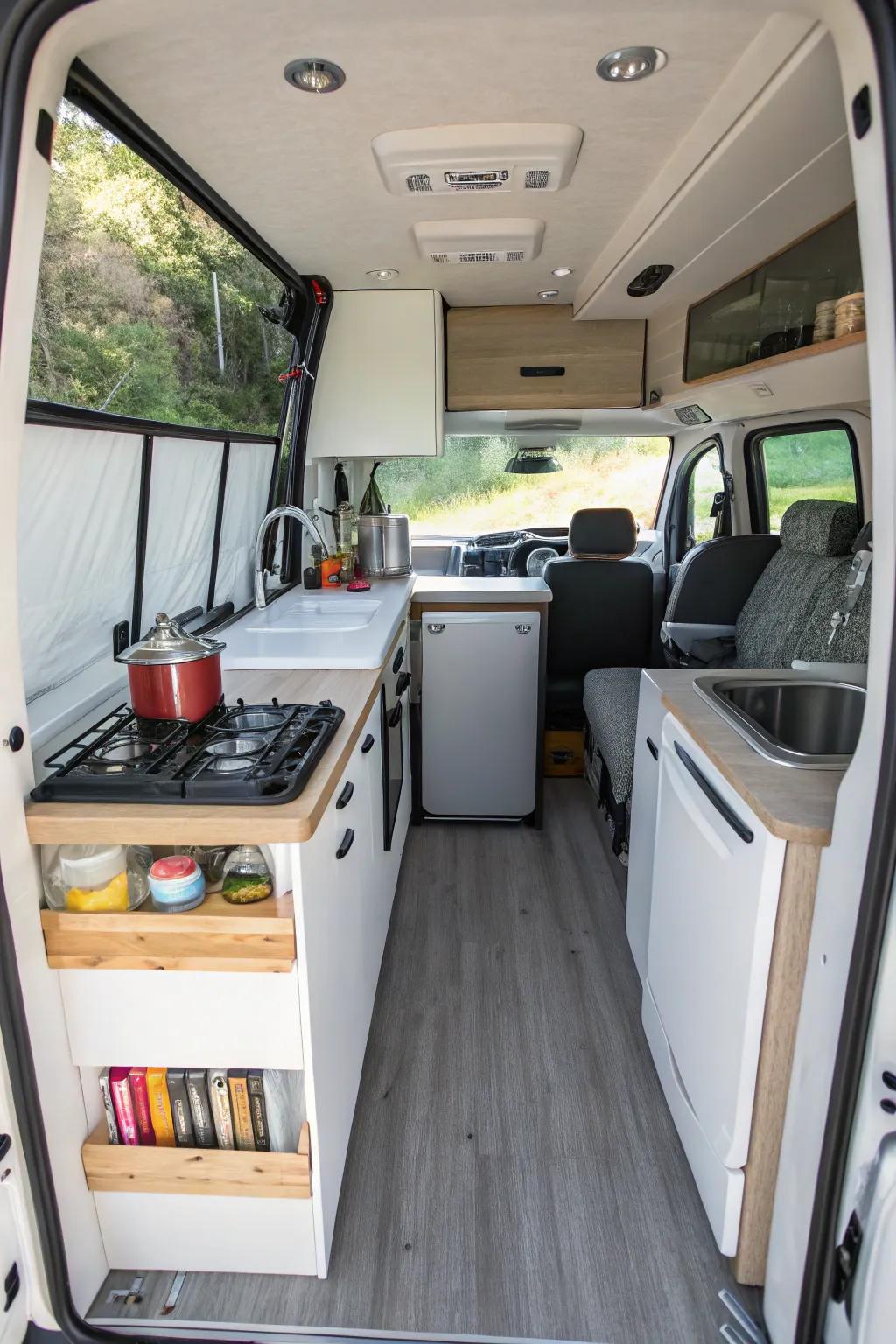 A well-thought-out compact kitchen in a Sprinter van.