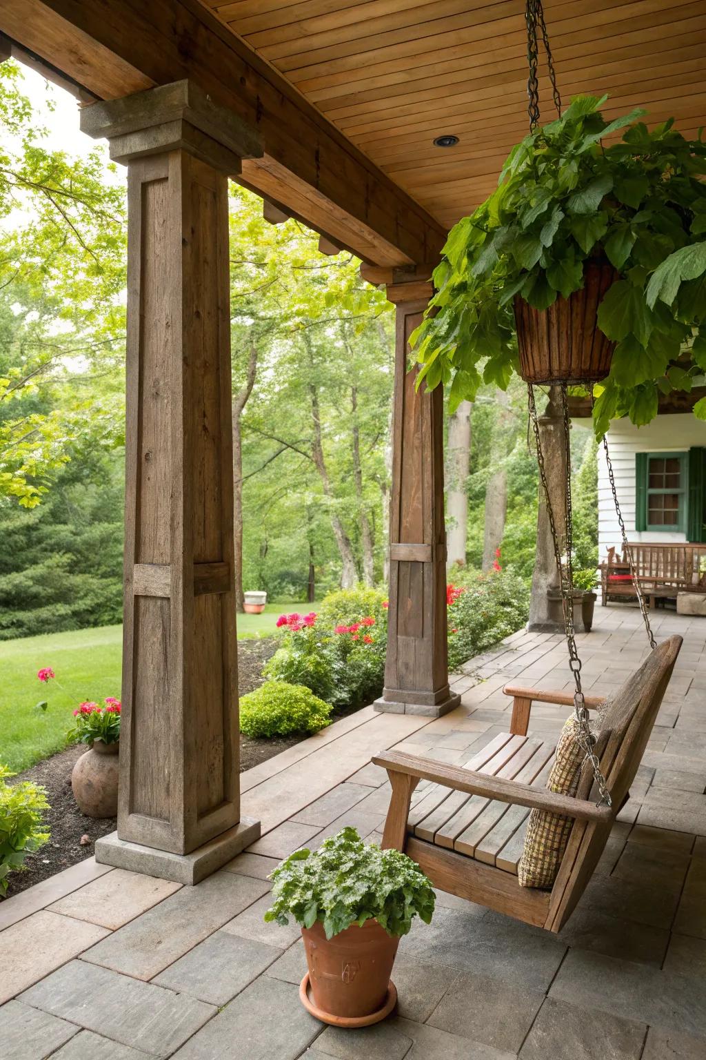 Cedar square columns give a natural allure to this rustic porch.