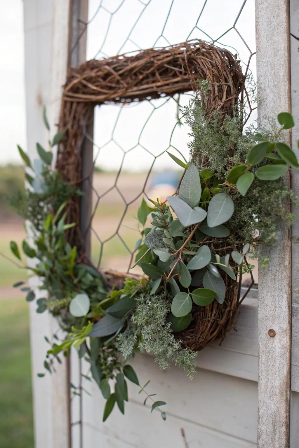Earthy appeal with a woven twig and wire mesh square wreath.
