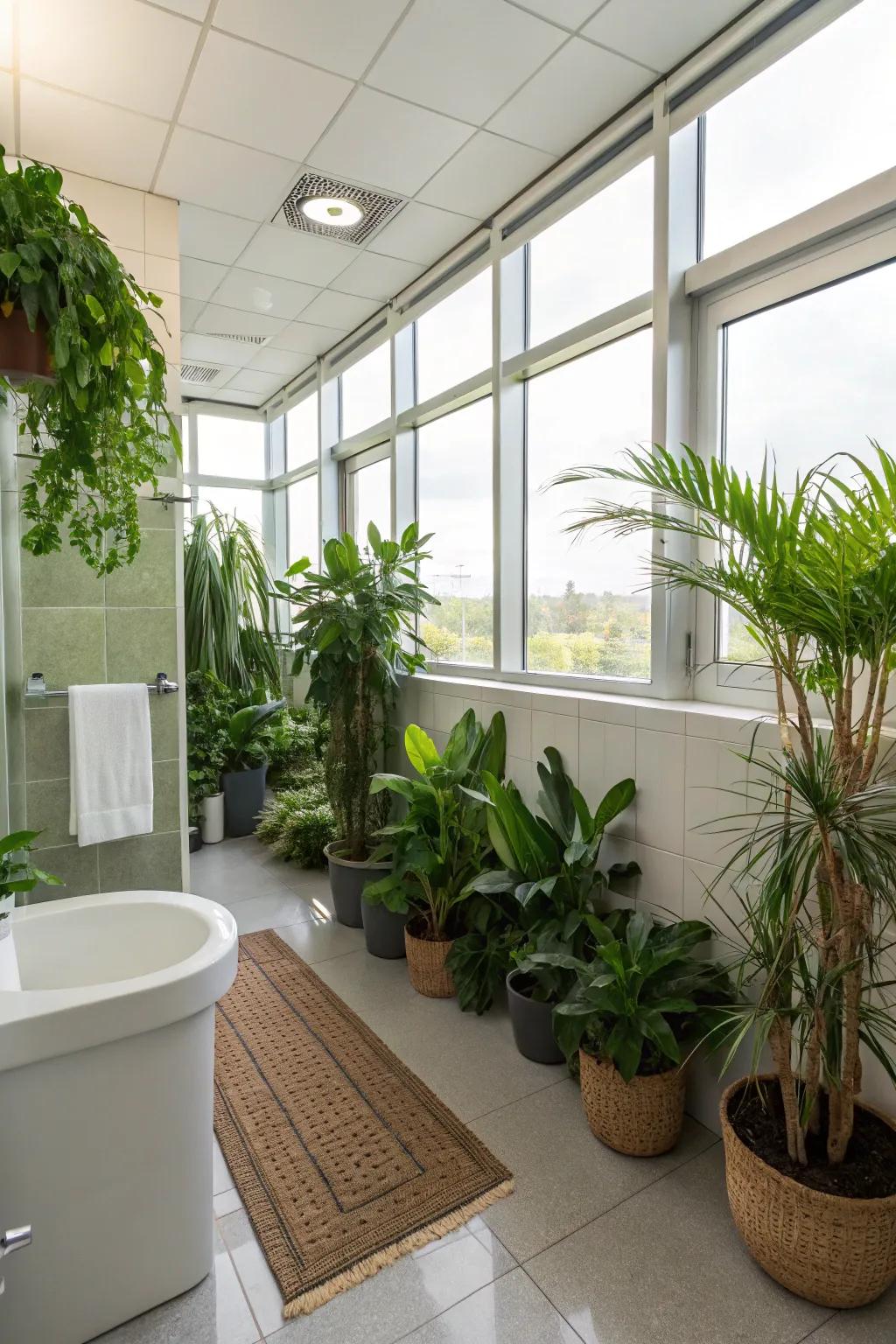 Abundant greenery adds a refreshing touch to this workplace restroom.