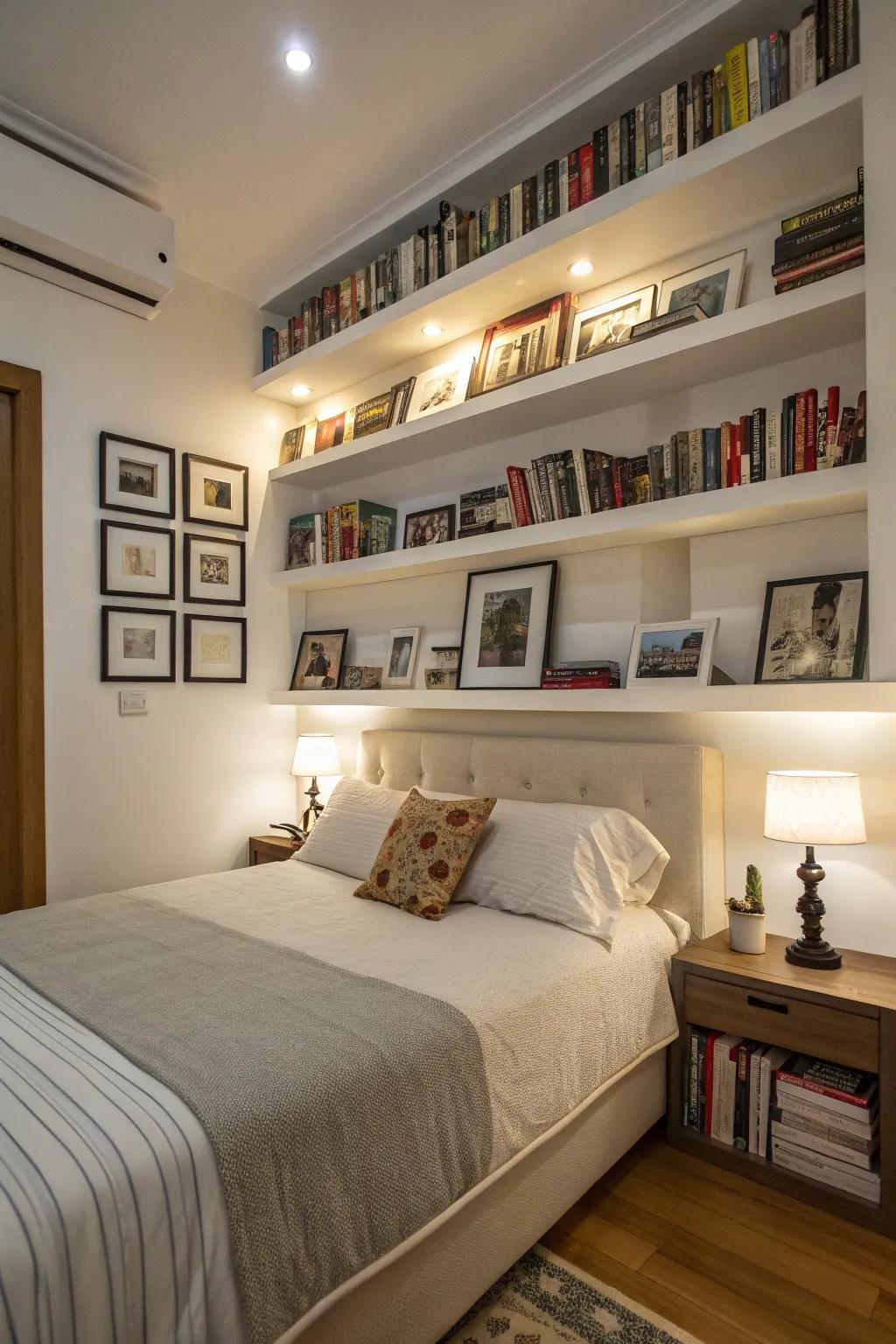 A boudoir brimming with individuality, attributable to staggered shelves.