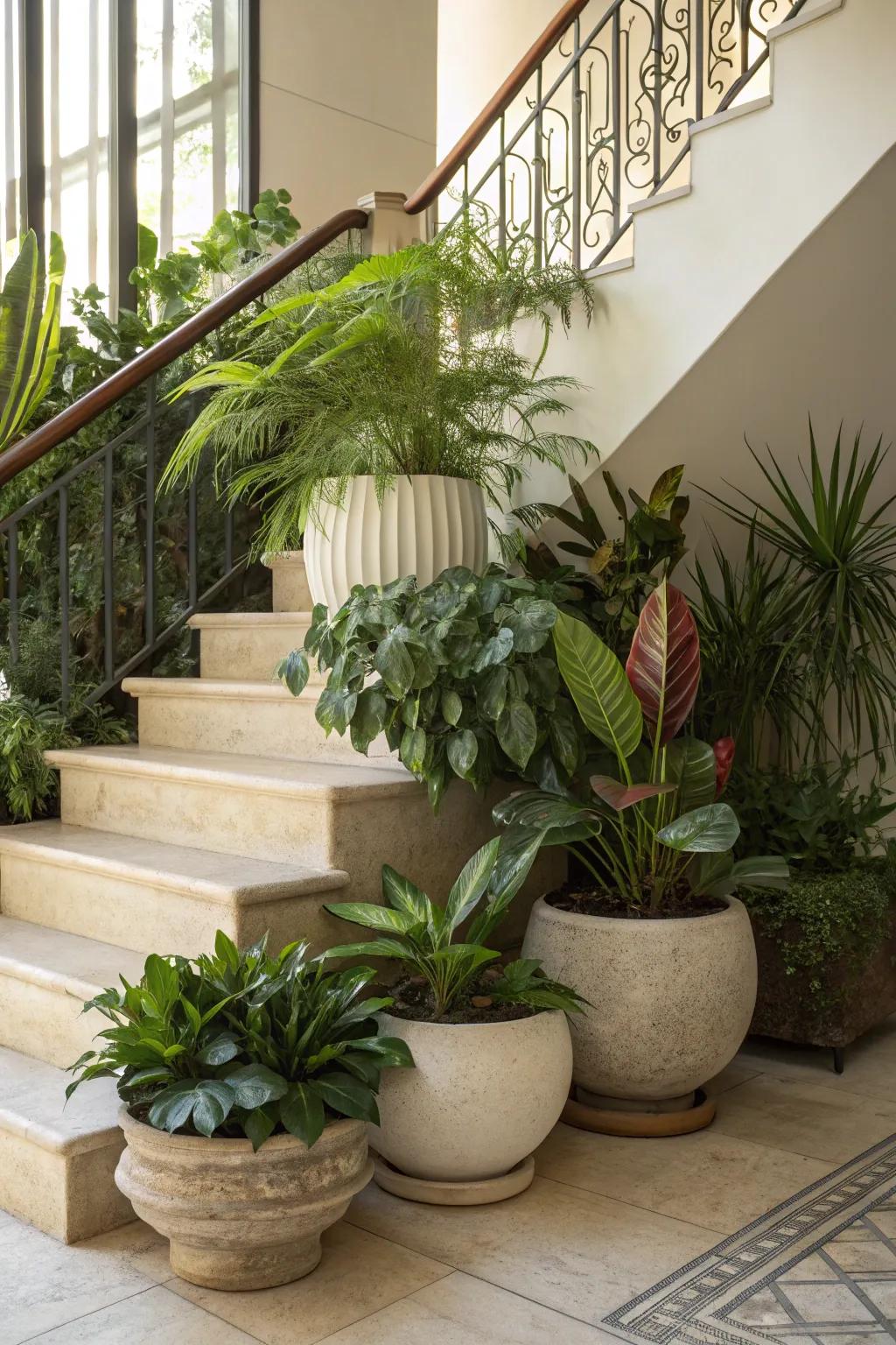 Plants can make your stair area feel more vibrant and alive, turning it into a refreshing space.