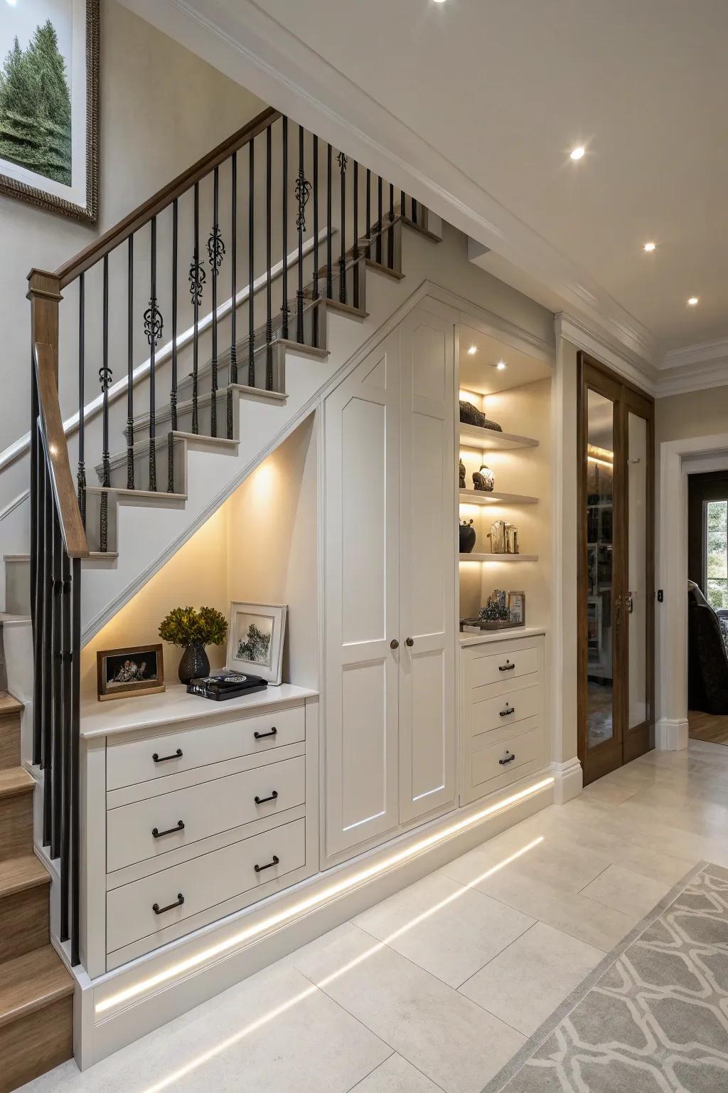 Keep things tidy with custom built-in cabinets under your stairs.