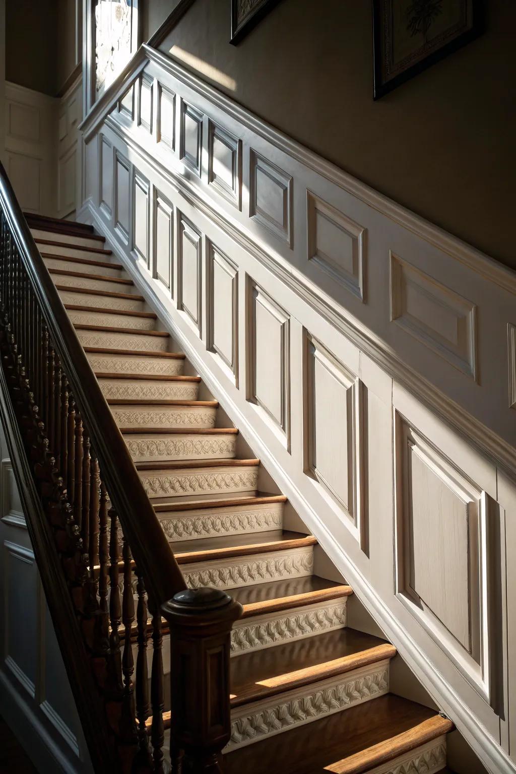 Layered wall enhancement enriches your staircase with depth and elegance.