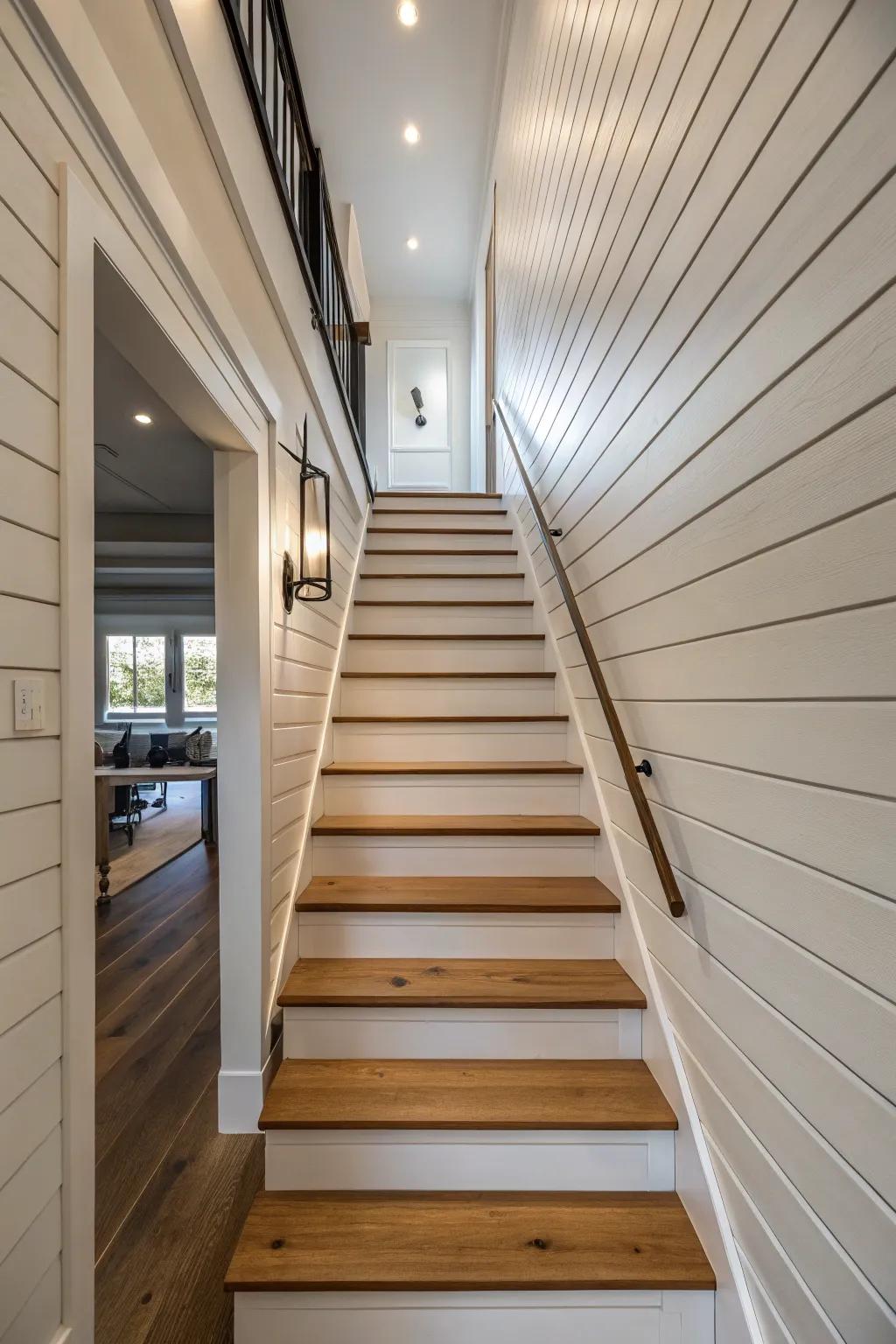 Modern board and batten lends a fresh, organized aesthetic to your stairwell.