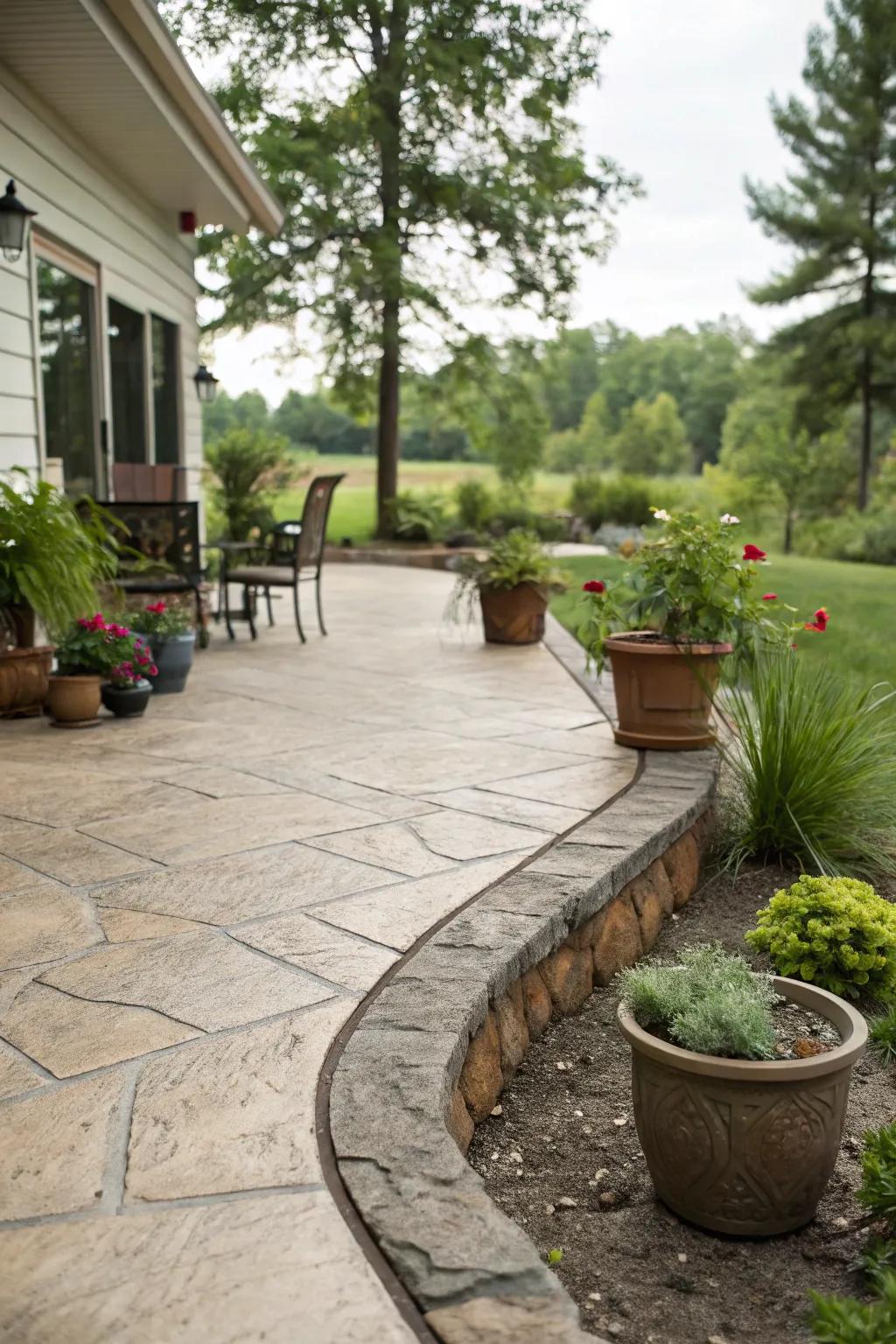 Chic patio featuring stamped concrete border that mimics natural stone