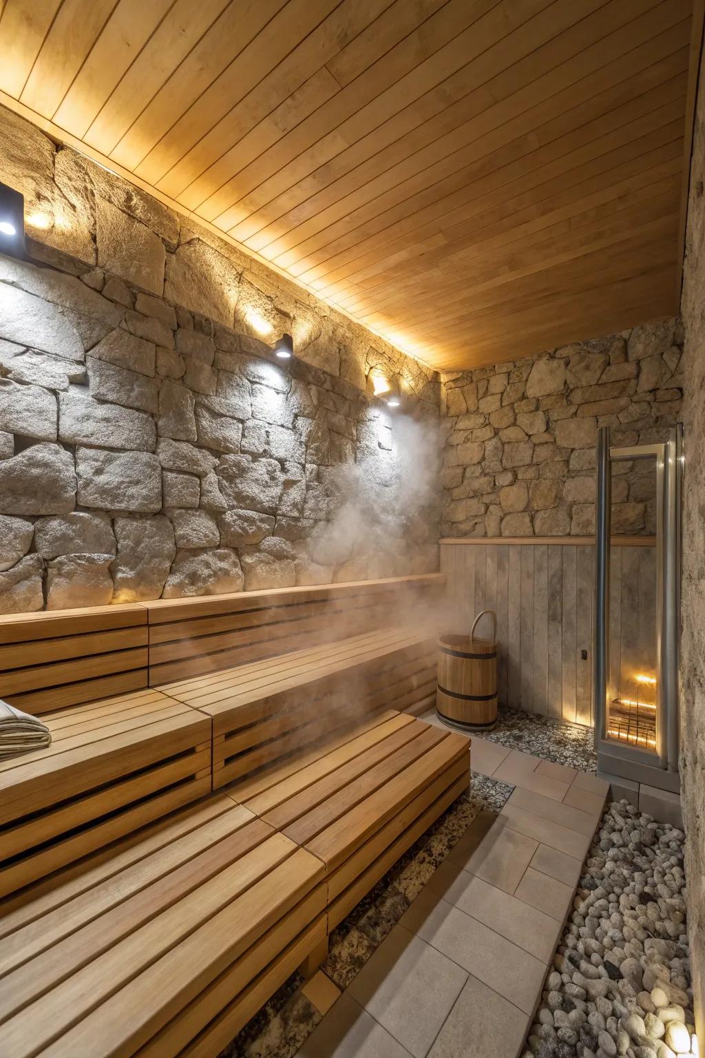 Organic materials like wood and stone provide a peaceful vibe to steam showers.