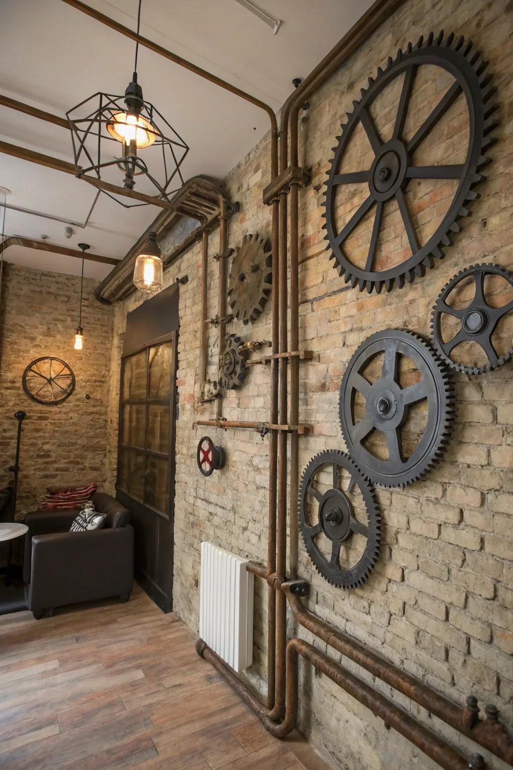 Exposed brick walls impart a rustic allure to this steampunk-influenced interior.