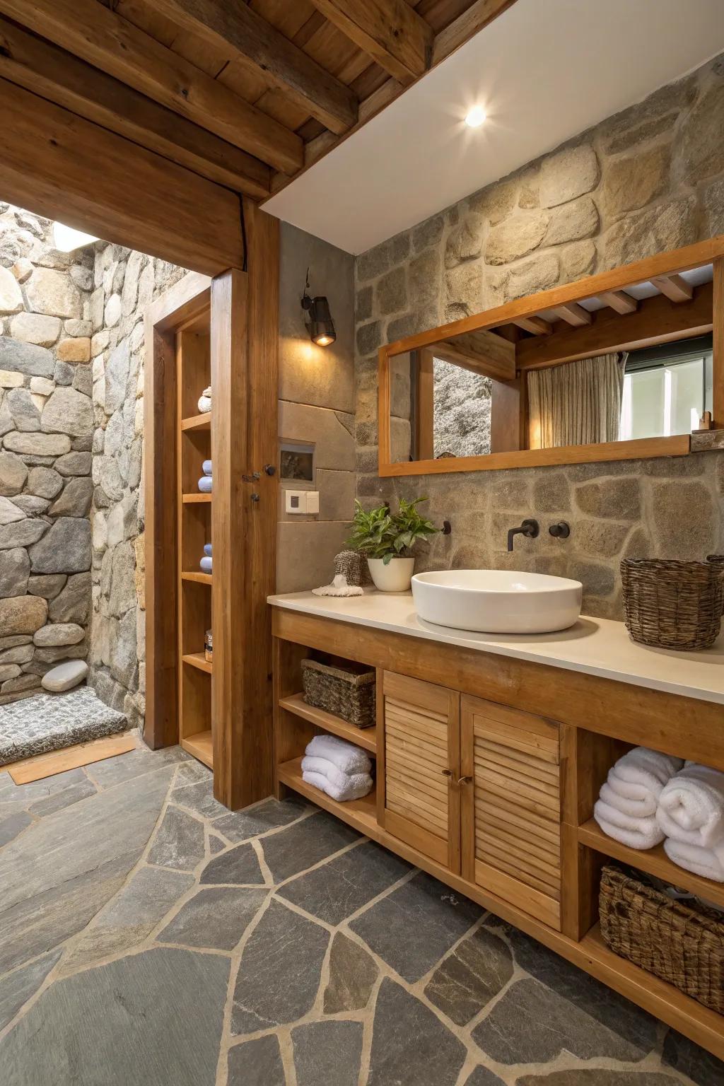 A bathroom displaying a mix of stone and wood aspects, featuring wooden shelves and stone tile.