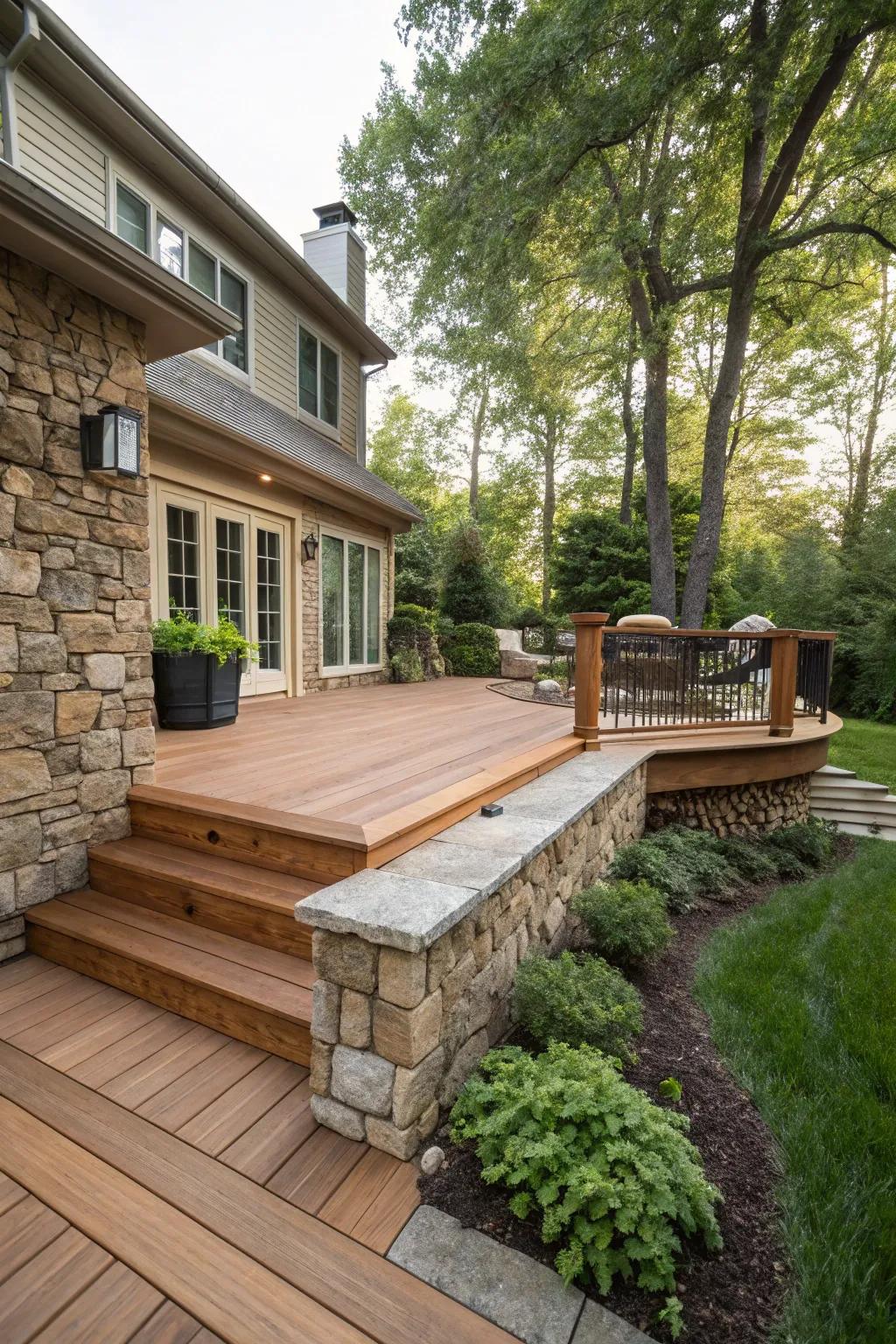 A harmonious fusion of stone and lumber cladding, giving the deck a rustic charm.
