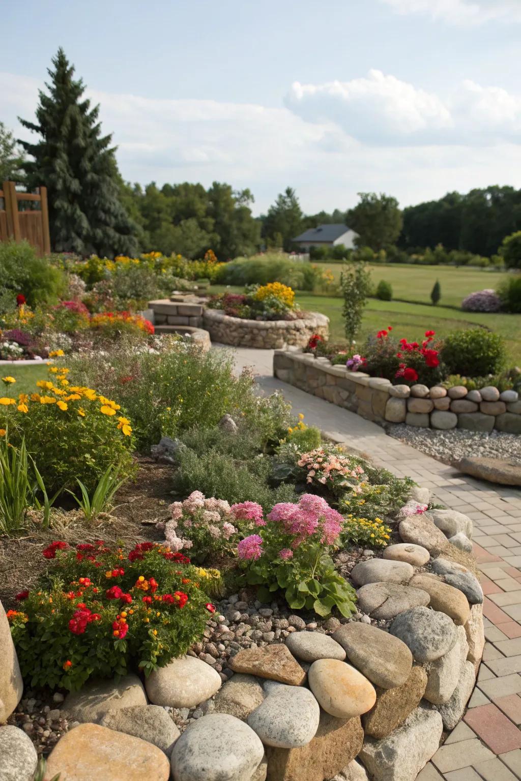 Lovely stone borders that highlight full garden beds.