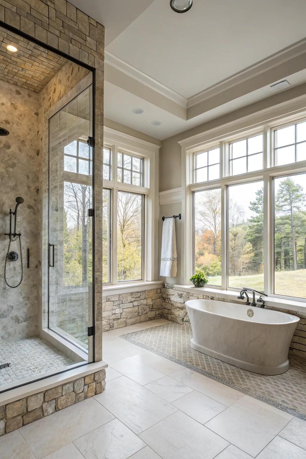 Seamless configuration showers augment space and harnessed daylight.