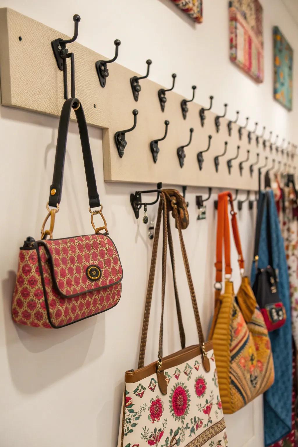 Ornamental hooks gracefully displaying chic handbags.
