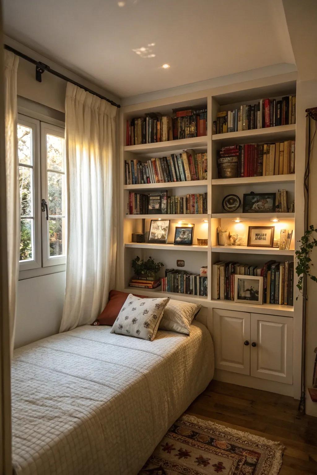 Integrated shelving adds both charm and practical storage.