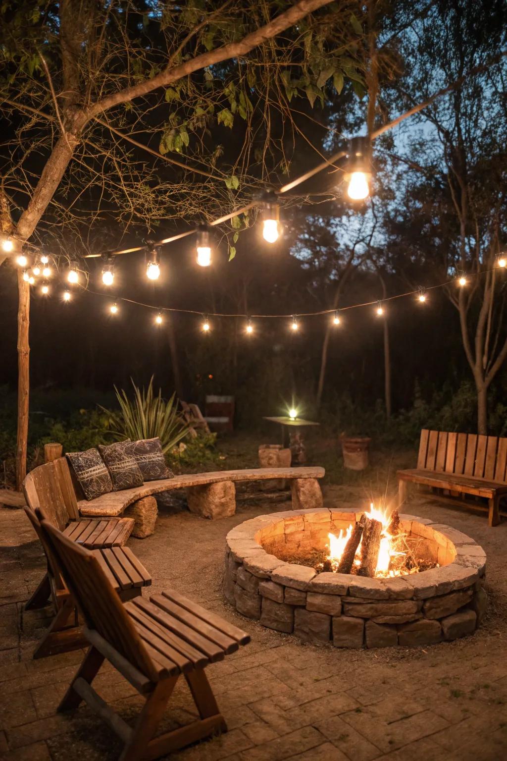 Antique bulbs emit a cozy, nostalgic radiance above the fire pit.