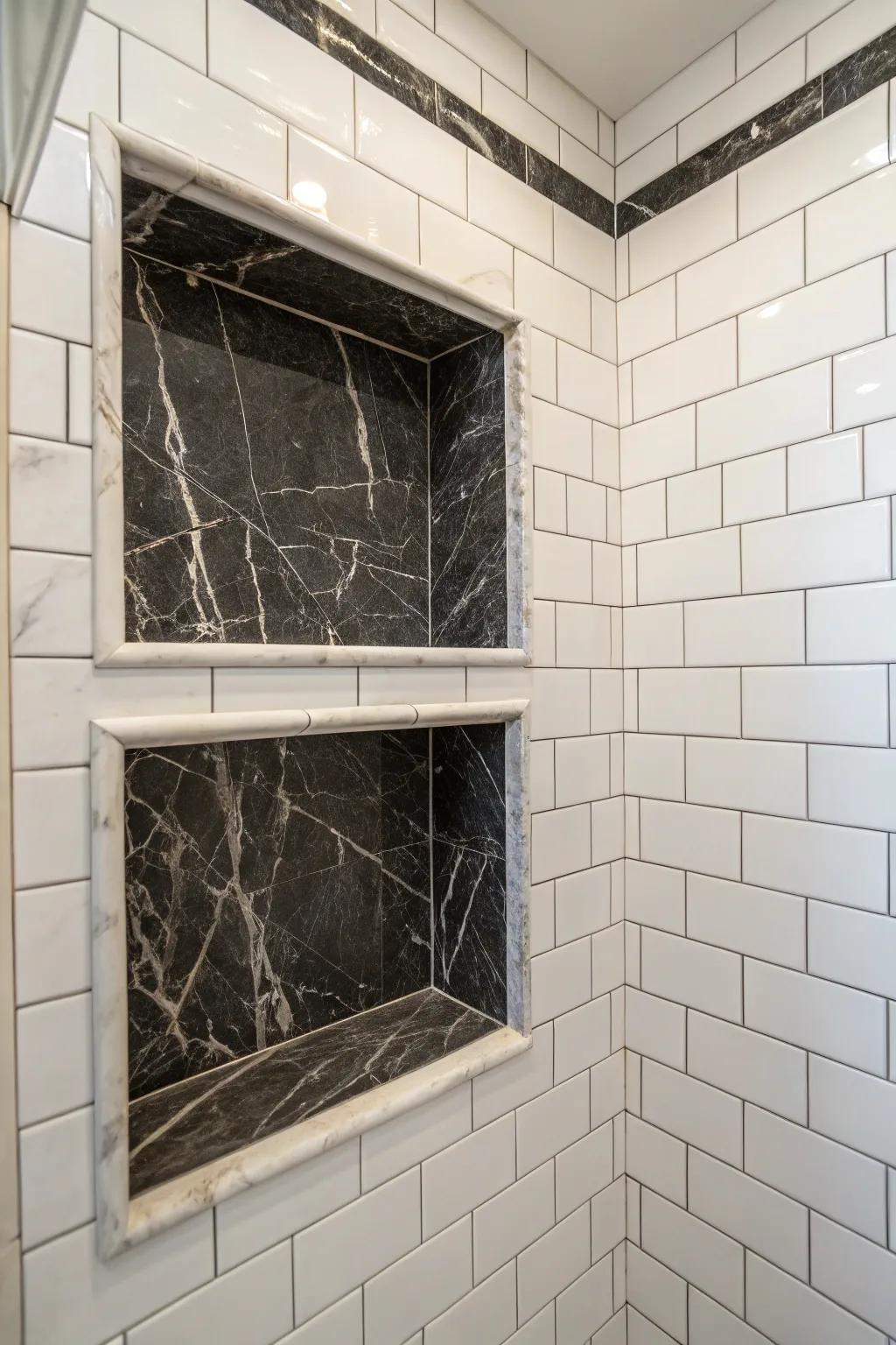 An elegant niche showcasing contrasting marble tiles.
