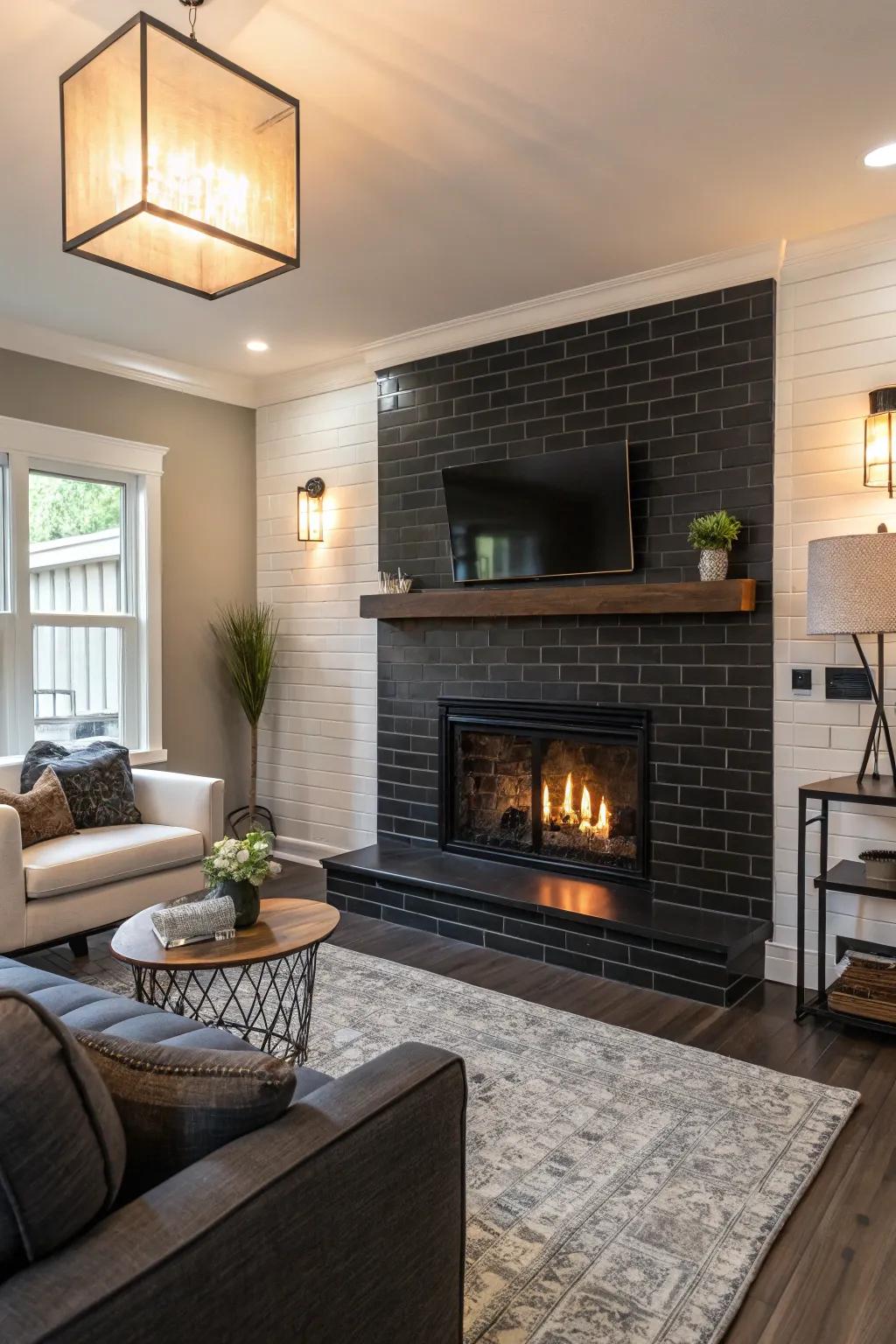 Dark rectangular tiles create a memorable statement in this chic living space.