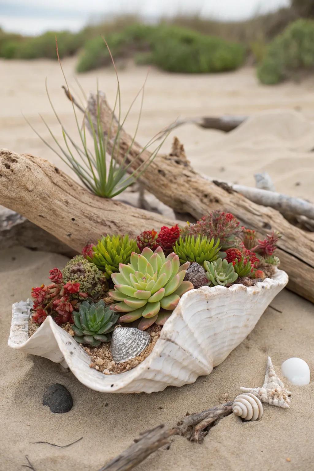 A waterside-influenced succulent arrangement showcased in a shell.