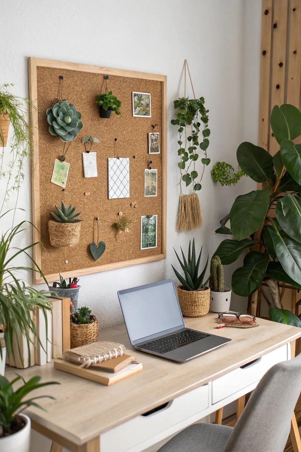 Practical and chic: the convergence of corkboard and imitation succulents.