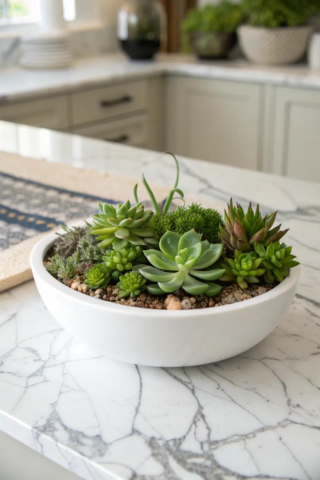 A contemporary succulent dish garden nestled in an understated ceramic container.