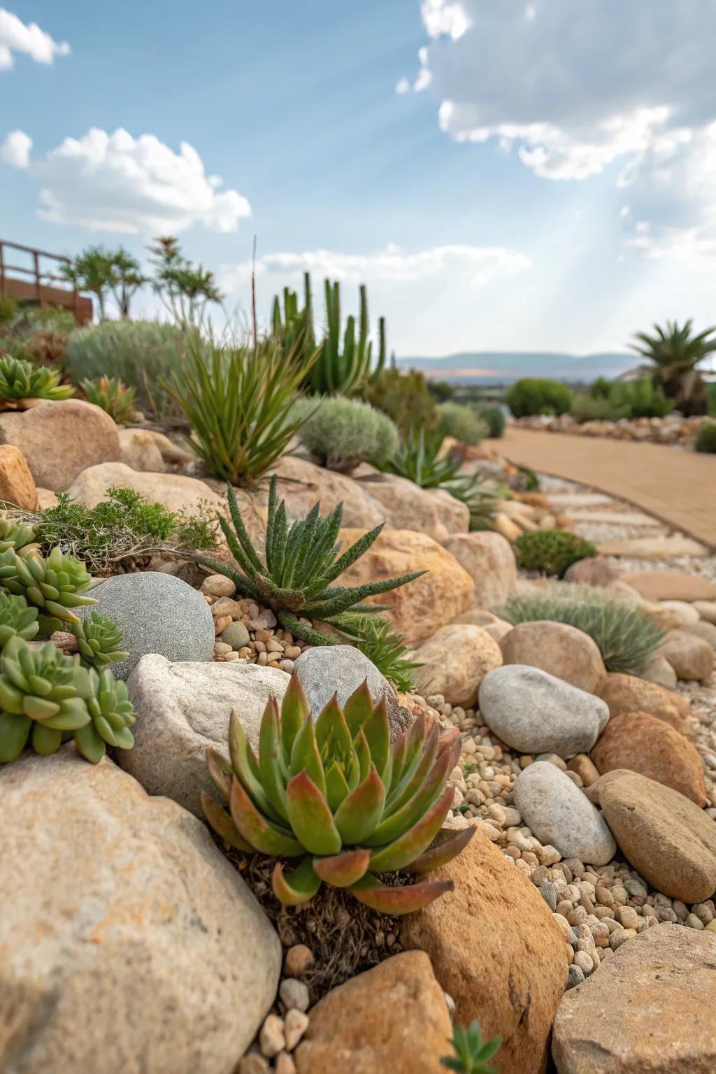 A natural stone garden showcasing succulents nestled among rocks and small stones.