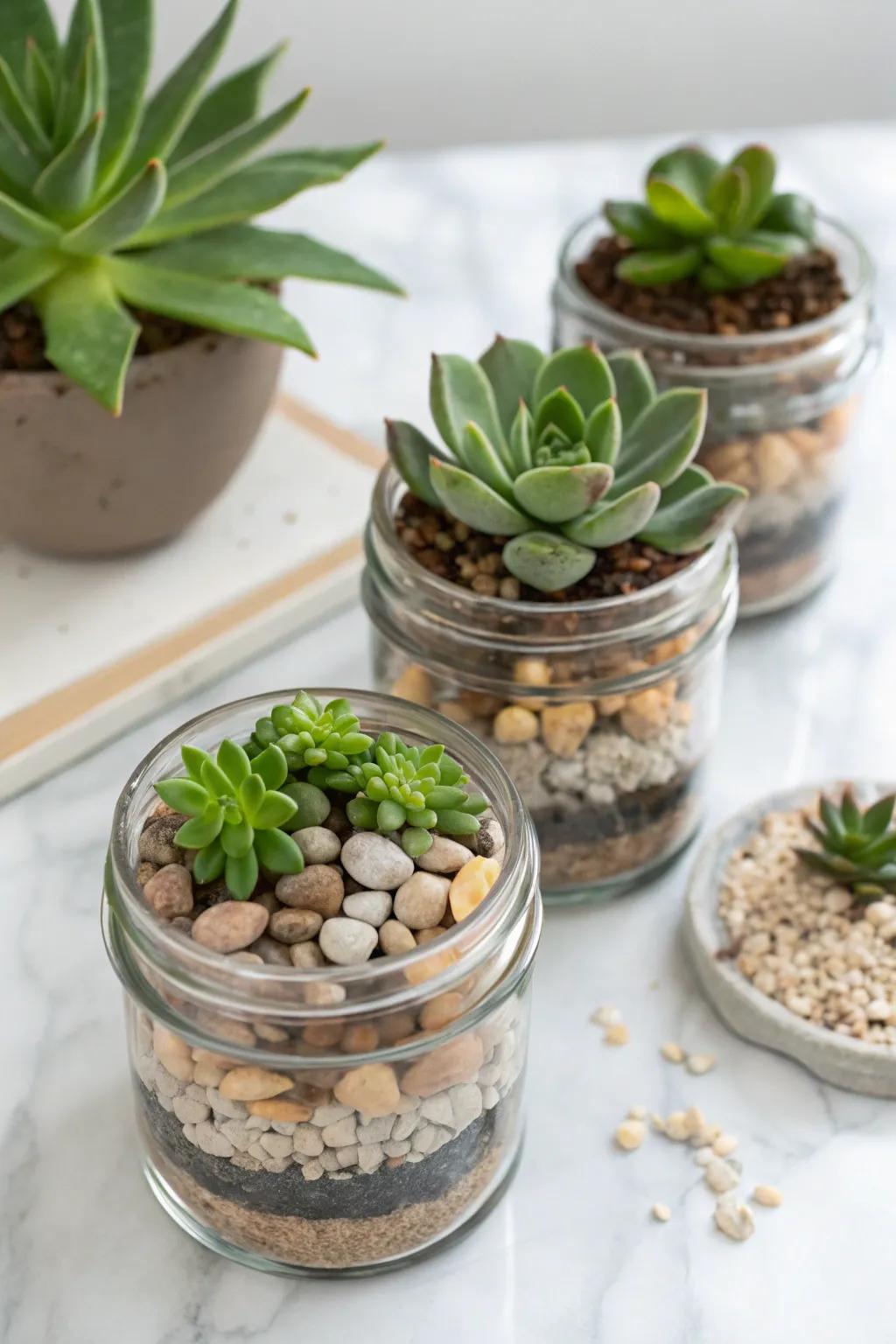 Mini terrariums in clear containers provide a modern reinterpretation.