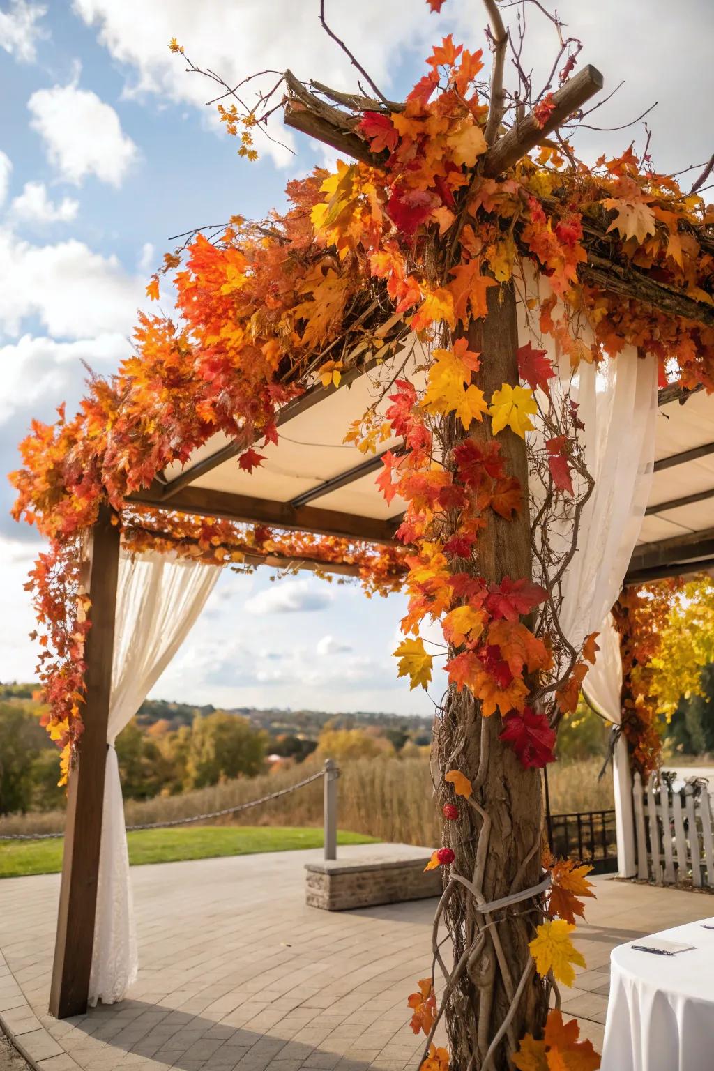 An inviting sukkah enriched with vivid autumn leaves and branches, crafting a snug retreat.