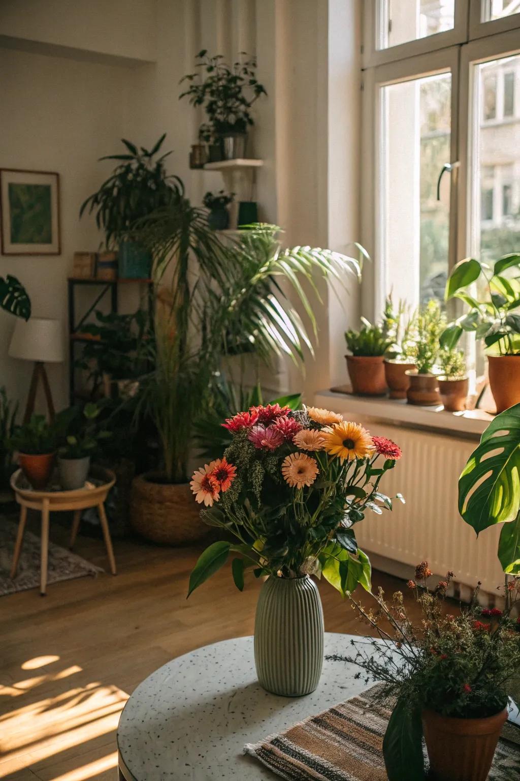 Abundant foliage and vibrant flowers add energy to the interior.