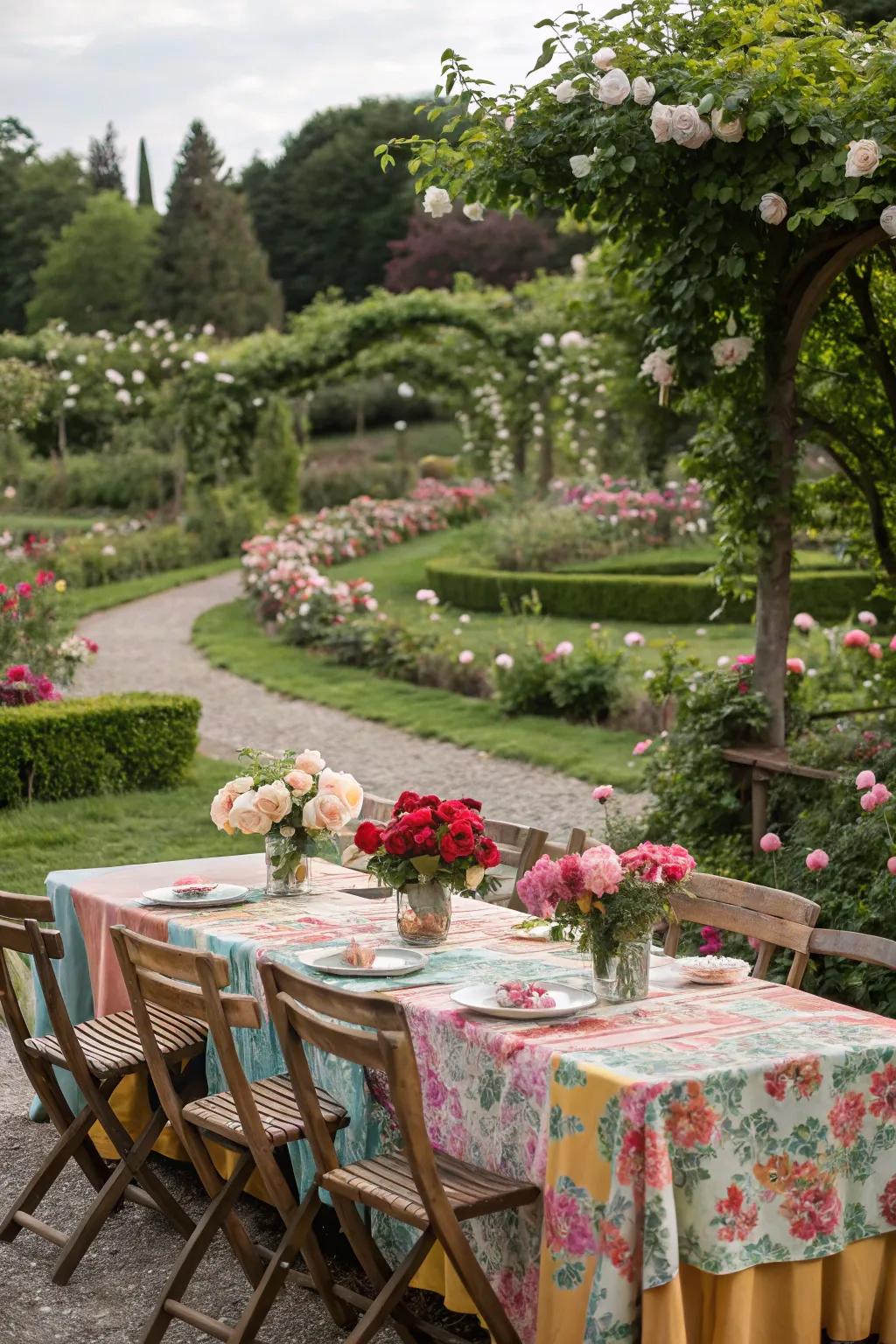 An al fresco dining arrangement featuring unrefined tables and colorful linens.