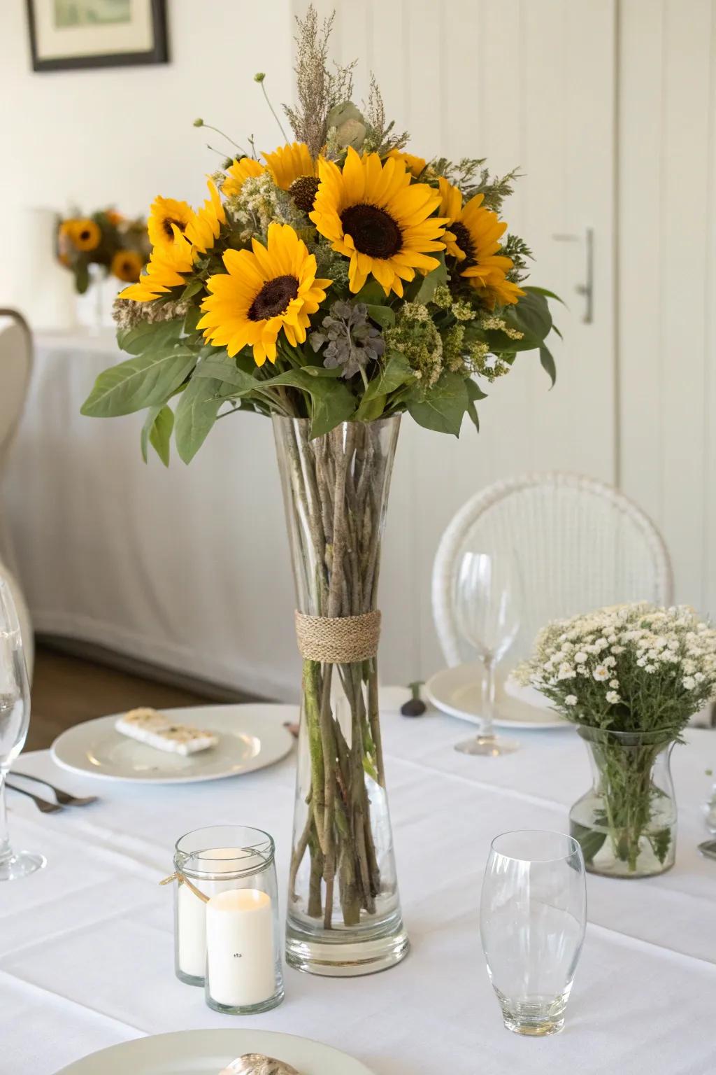 Bring refinement to your dining table using a crystalline vase brimming with sunflowers.