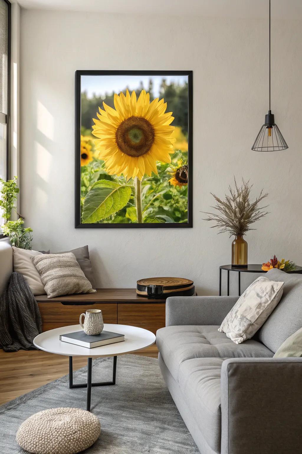 Framed sunflower art providing an element of warmth to the space.