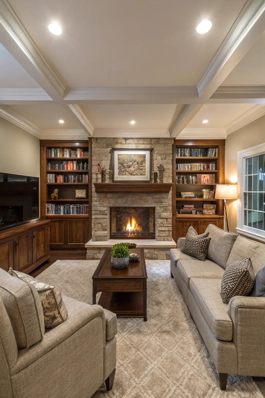 A recessed living room featuring a central hearth.