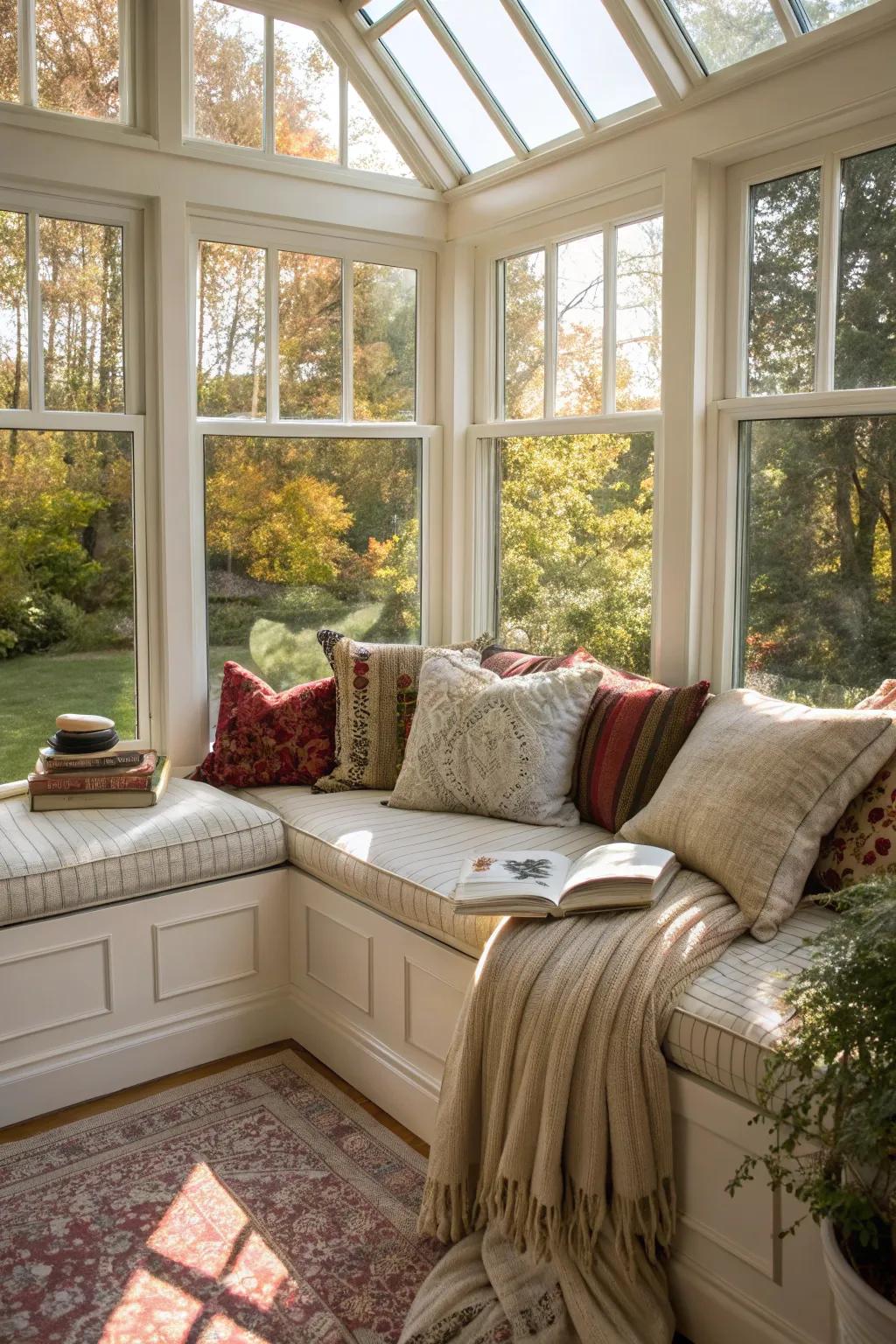 Alcove windows transform your sunroom into a cozy reading sanctuary.