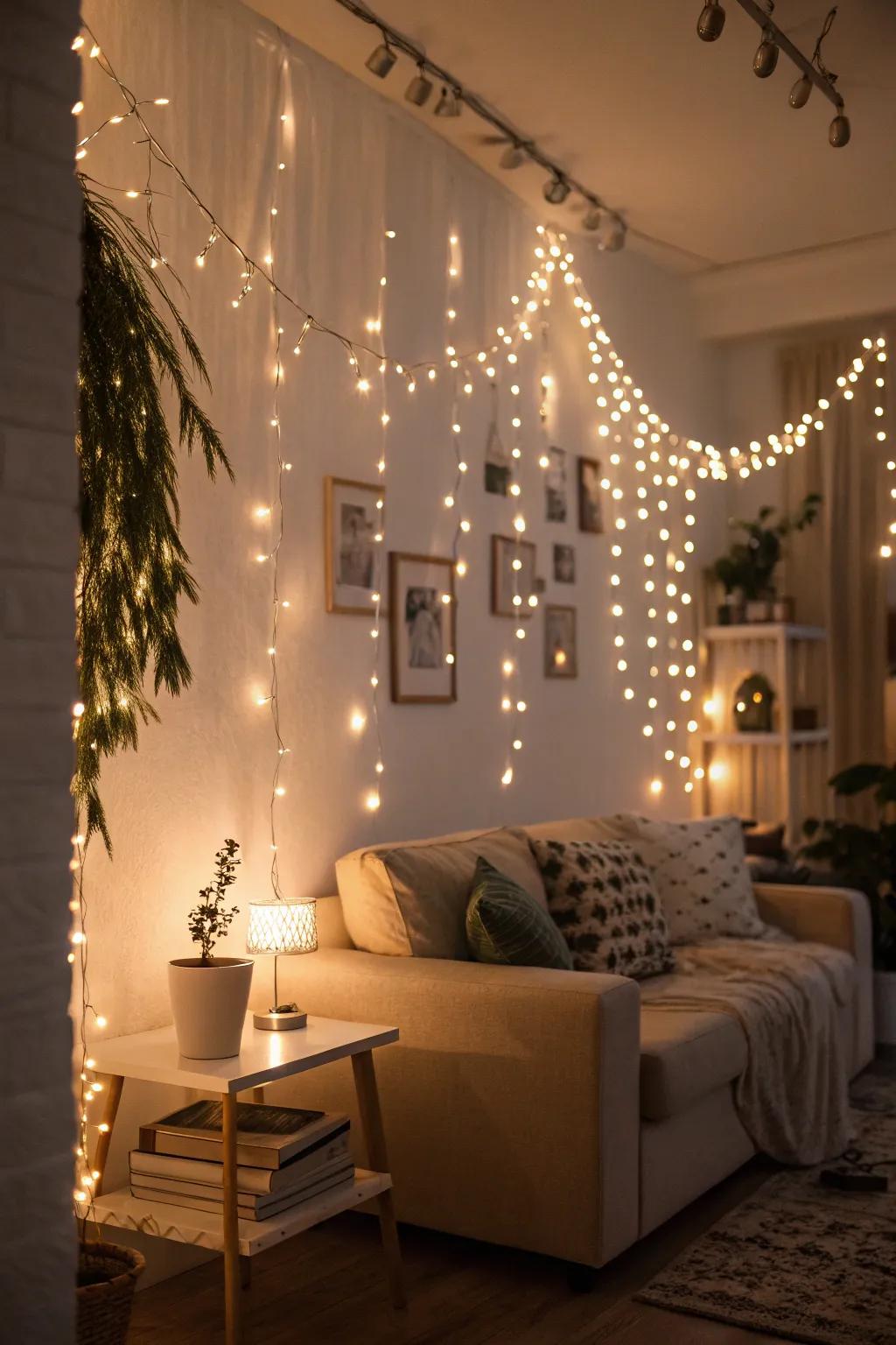 A snug room bathed in the glow of twinkling string lights.