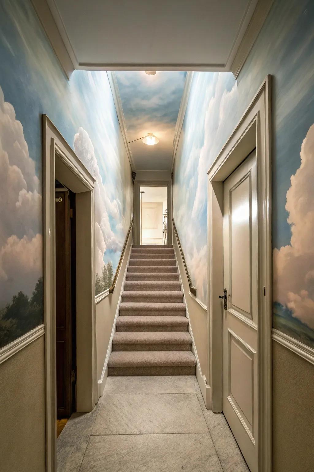 A hallway featuring stairs ascending into a surreal sky.