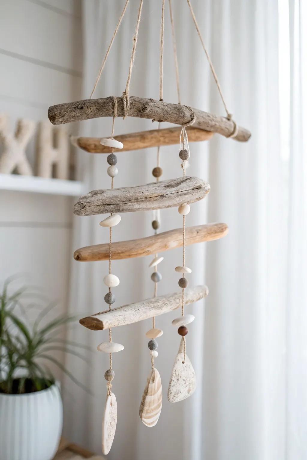 Invite the sea's magic inside with a handcrafted seashore wood chime—where ease converges with natural splendor.