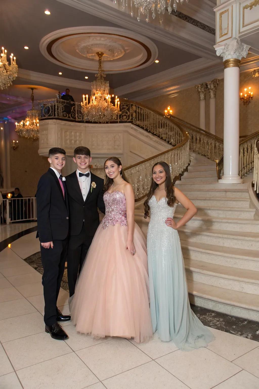 Teens in formal wear at a sweet sixteen.