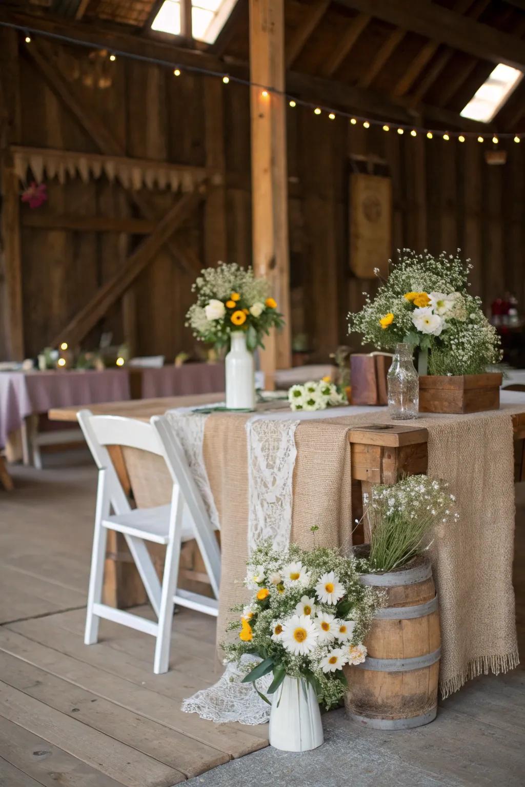 A rustic sweetheart table featuring wooden features and wildflowers for a pastoral vibe.
