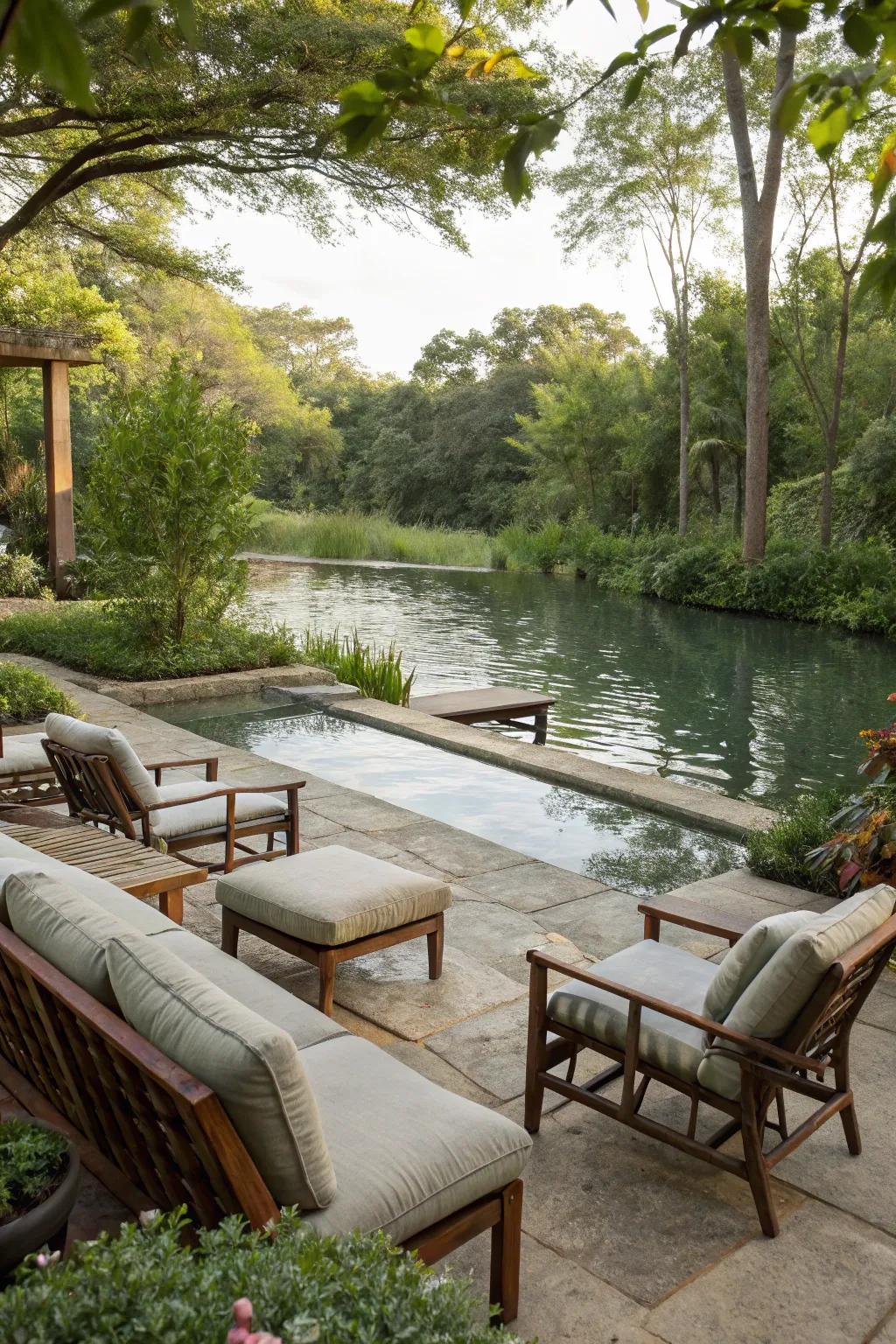A pleasant seating space next to the swimming pond welcomes you to unwind and savor the scenery.