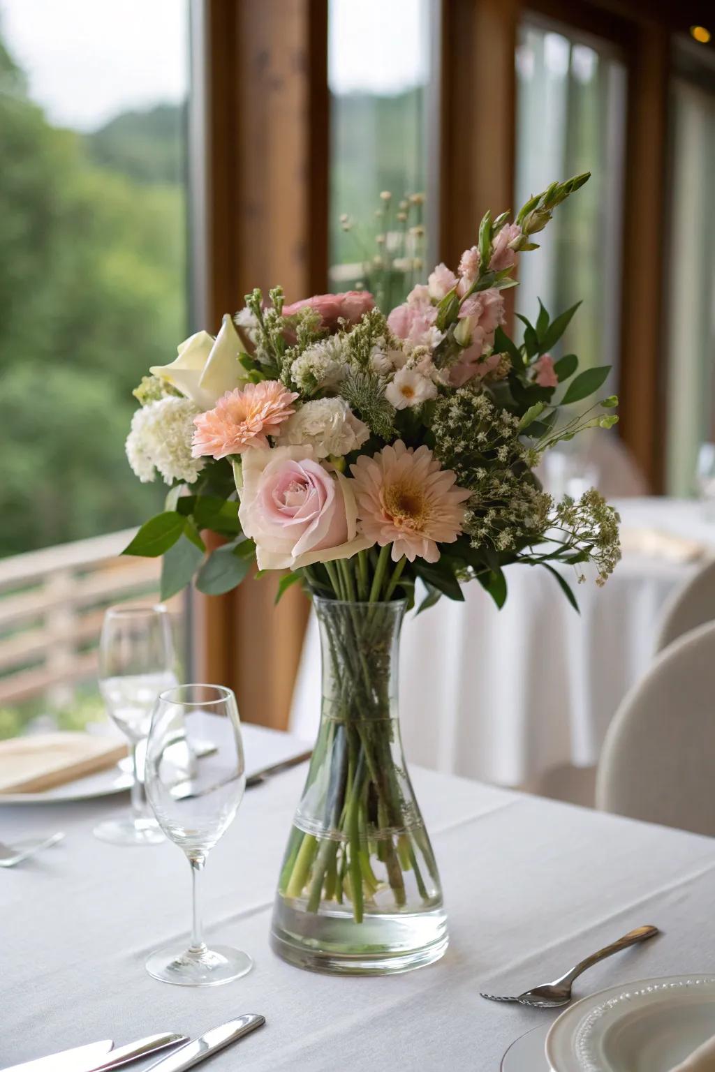 An elegant transparent container presenting a straightforward yet exquisite floral ensemble.