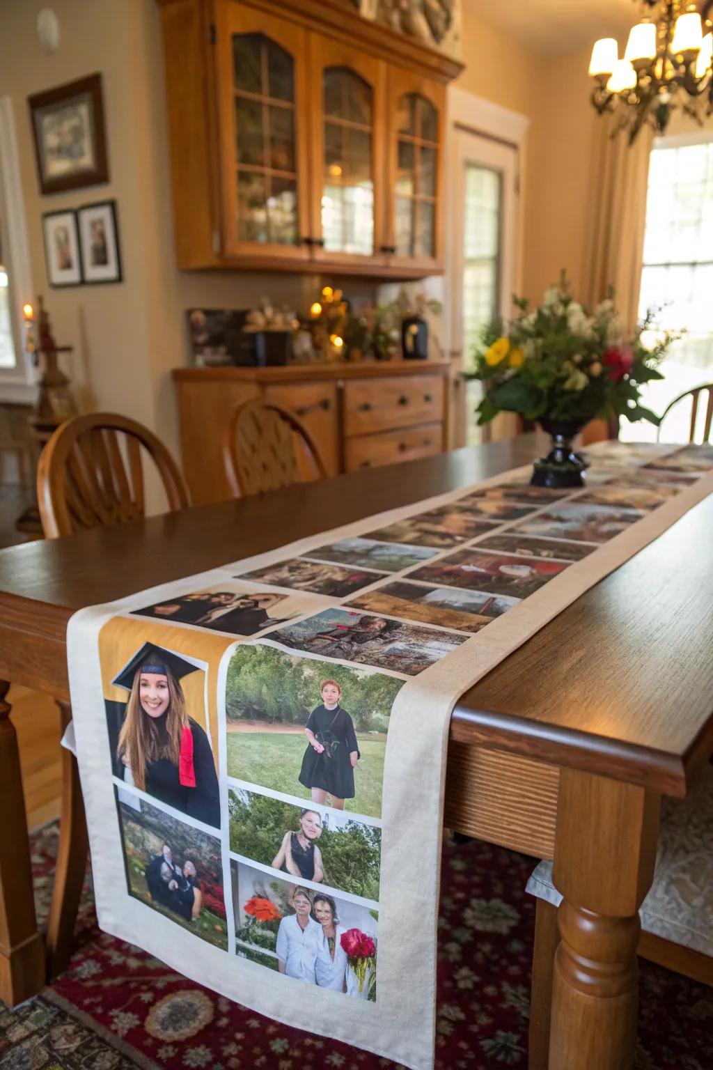 A montage table adornment adds a uniquely personal and memorable dimension to your celebratory decorations.