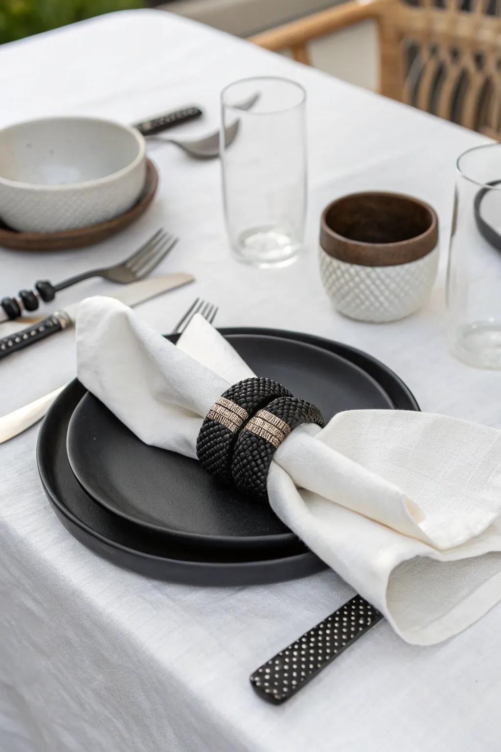 Sleek and modern table setting featuring black napkin rings.