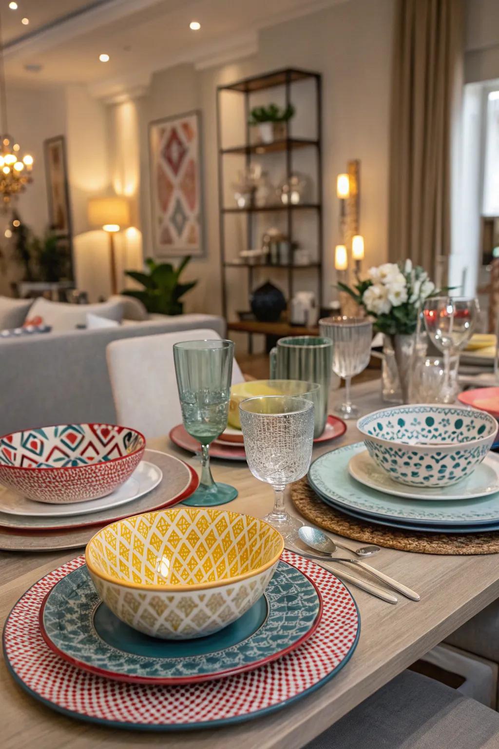 A vibrant assorted dinnerware selection for a distinctive tabletop design.