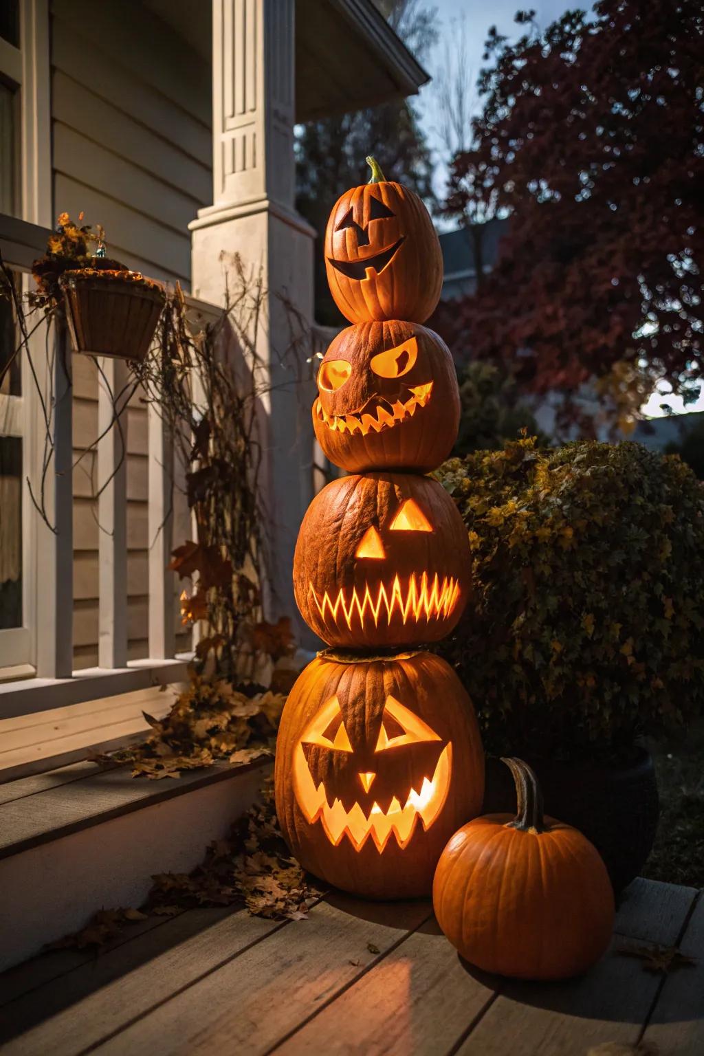 Construct a tower of terror with stacked pumpkins, each presenting a unique scary profile.